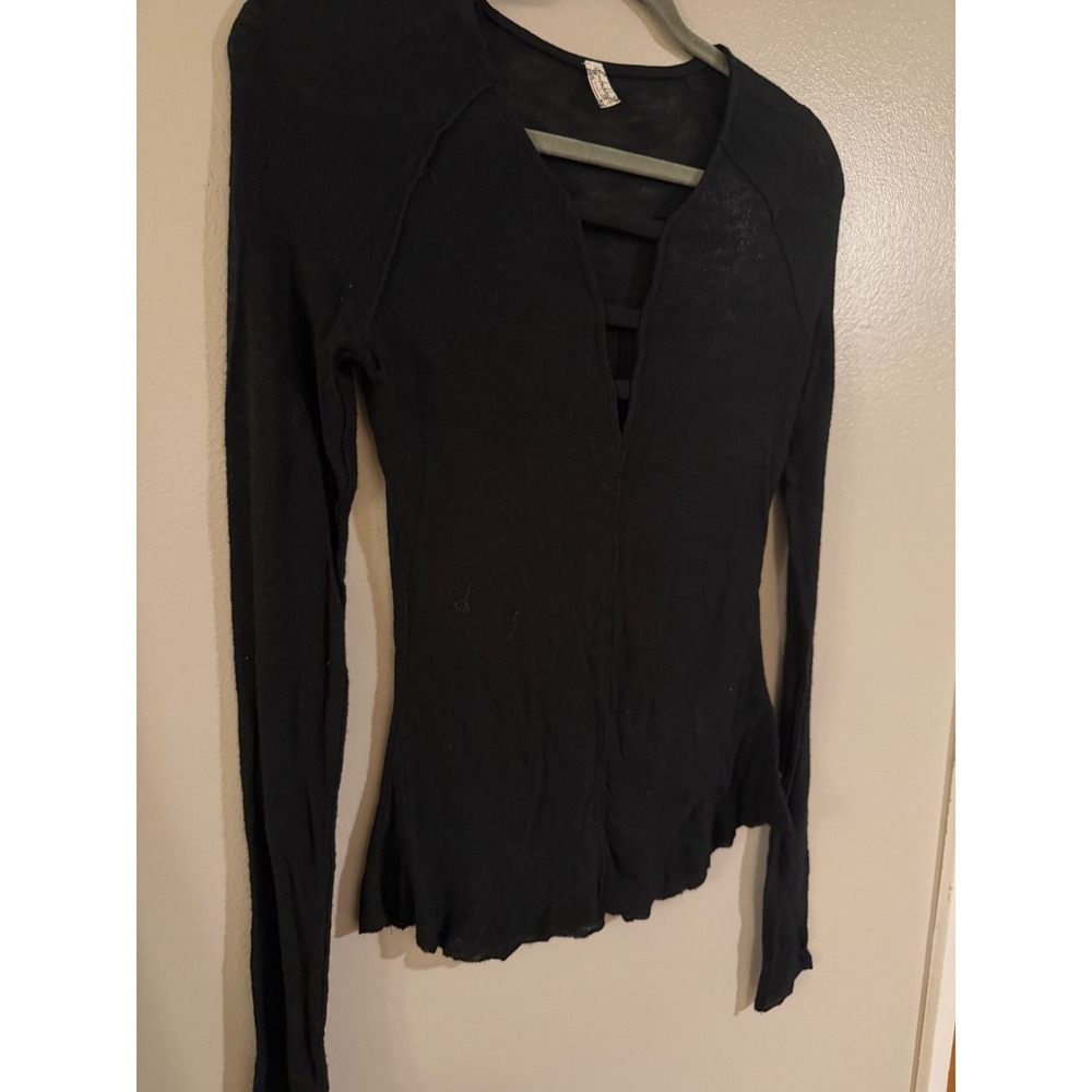 Intimately Free People Black Strappy V-Neck Long Sleeve Top‎ Small S P Boho Knit - Picture 2 of 5
